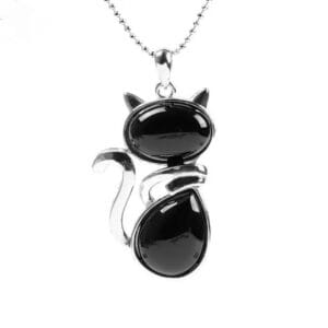 Collier Pendentif Chat Pierre Naturel Agate Noir